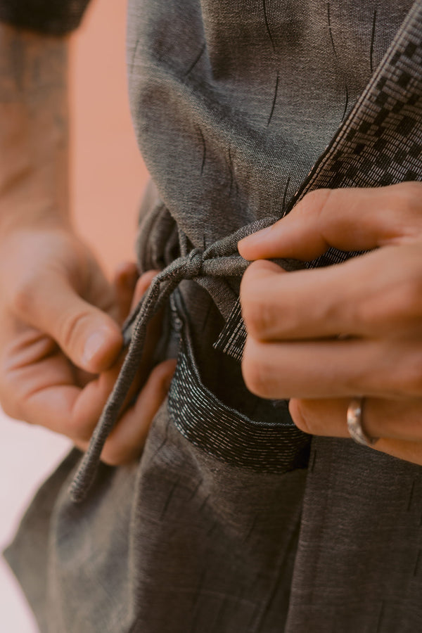 Gaya Kimono — Men's Light Grey, handwoven Javanese Ikat, full-length styling