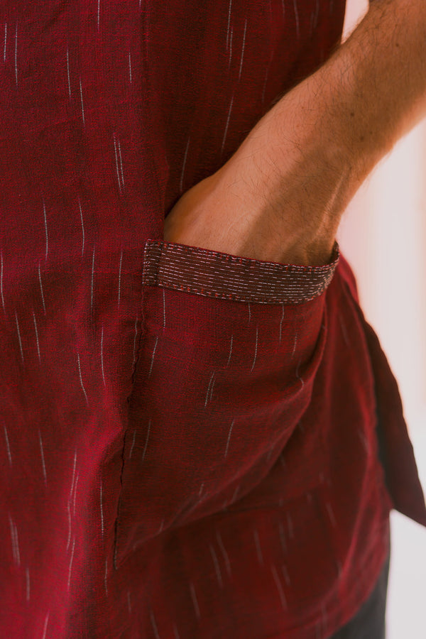 Gaya Kimono — Men's Deep Red, handwoven Javanese Ikat, full-length styling