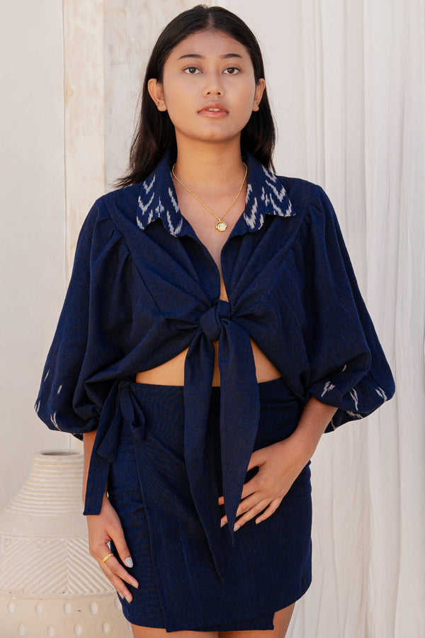 Mata Hari Co-Ord Set — Women's Blue, handwoven Javanese Ikat, front view
