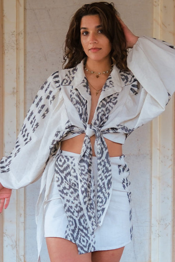 Mata Hari Co-Ord Set — Women's White, handwoven Javanese Ikat, front view