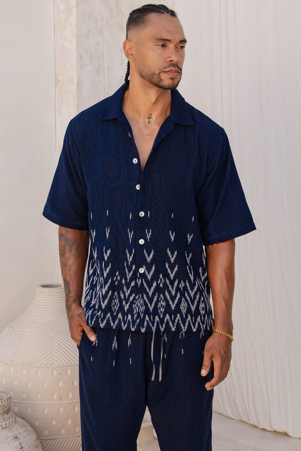 Mata Hari Co-Ord Set — Men's Blue, handwoven Javanese Ikat, front view