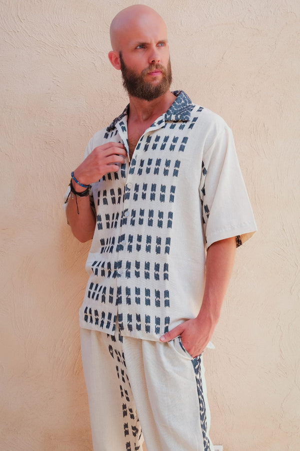 Mata Hari Co-Ord Set — Men's White, handwoven Javanese Ikat, front view