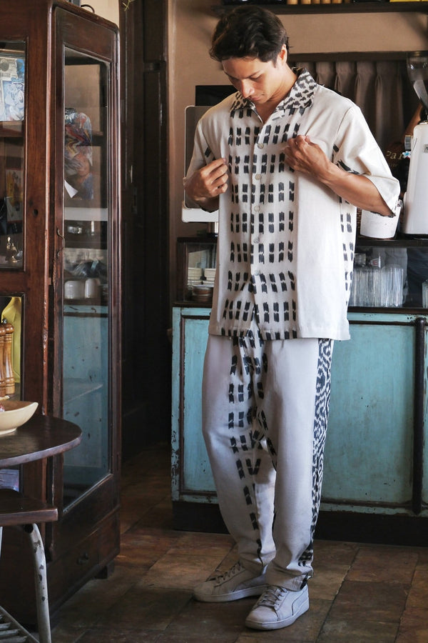 Mata Hari Co-Ord Set — Men's White, close detail of the hand-dyed Ikat weave