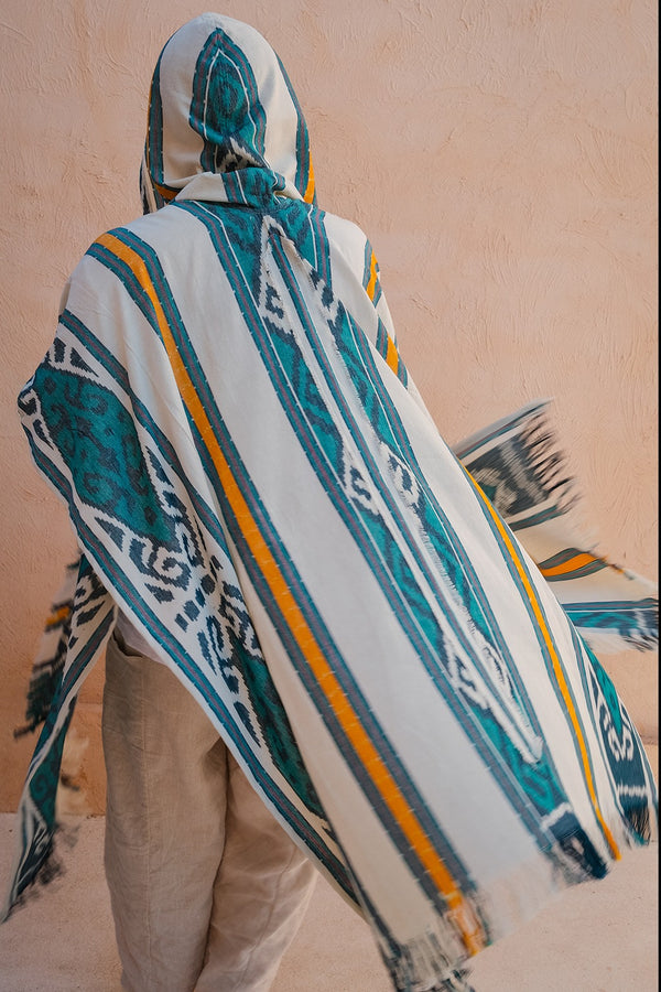 Mimpi Hooded Poncho Cape — Men's Teal Tribal, handwoven Javanese Ikat, alternate view