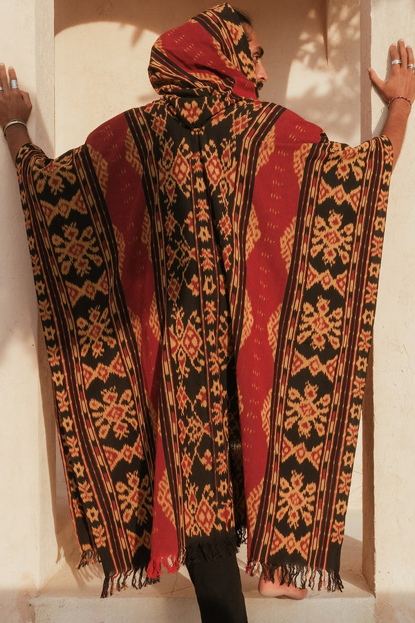 Mimpi Hooded Poncho Cape — Men's Red Gold, handwoven Javanese Ikat, alternate view