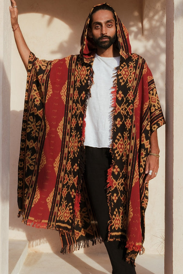 Mimpi Hooded Poncho Cape — Men's Red Gold, handwoven Javanese Ikat, front view