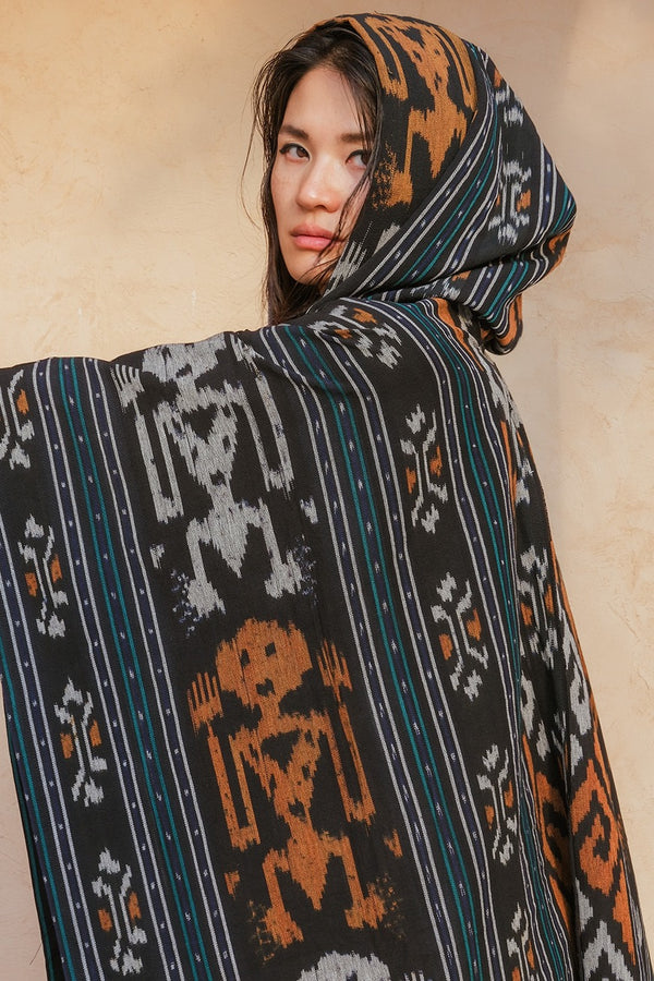 Mimpi Hooded Poncho Cape — Women's Tribal Man, handwoven Javanese Ikat, full-length styling