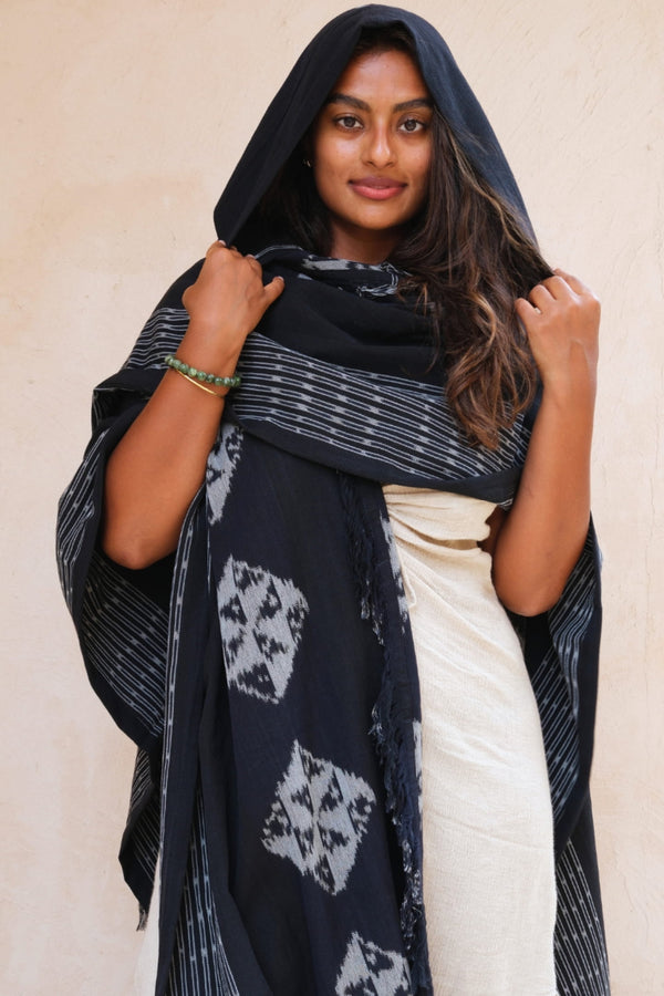 Mimpi Hooded Poncho Cape — Women's Black Diamond, handwoven Javanese Ikat, front view