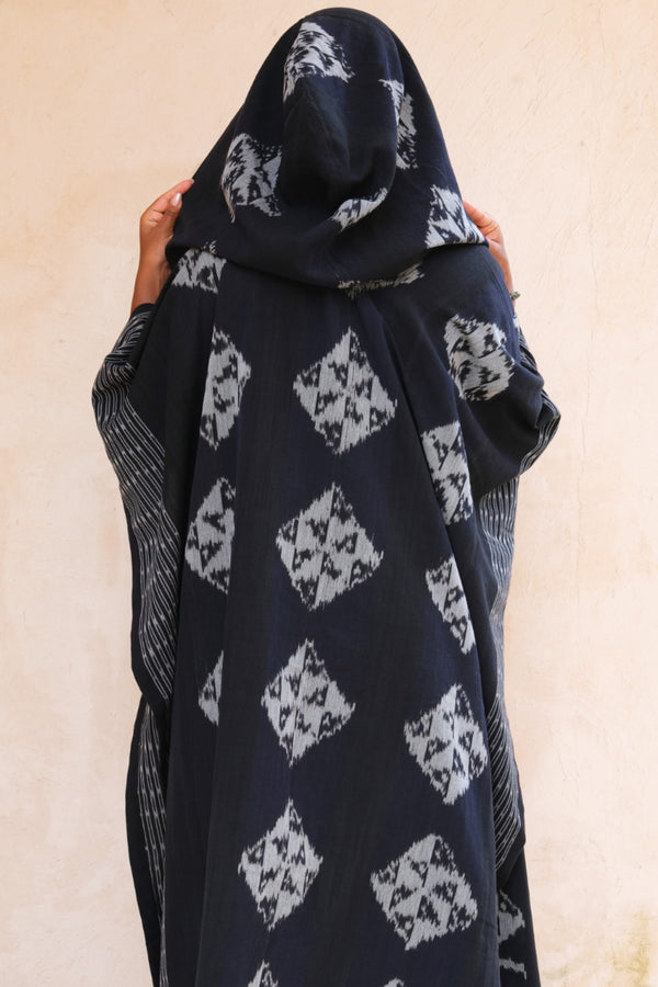 Mimpi Hooded Poncho Cape — Women's Black Diamond, handwoven Javanese Ikat, alternate view