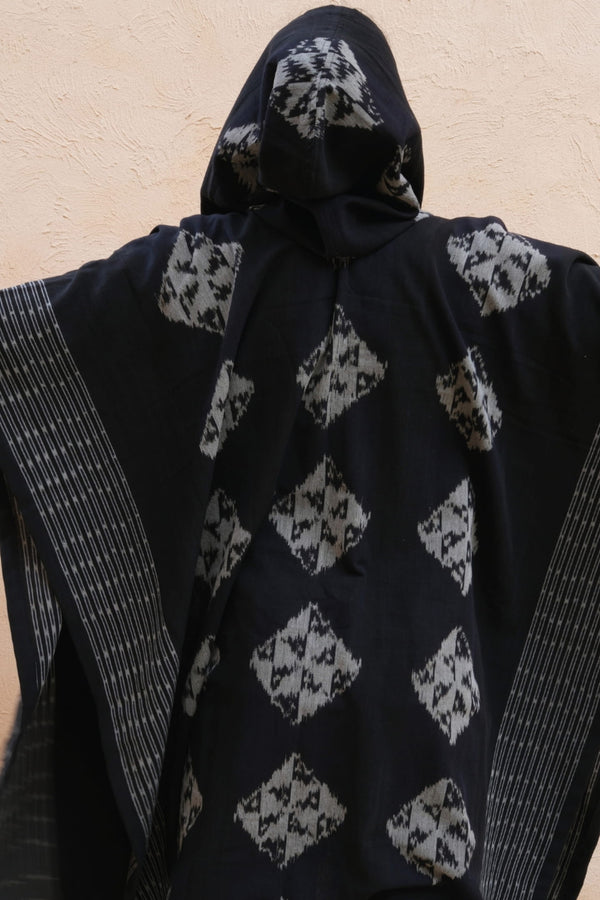 Mimpi Hooded Poncho Cape — Men's Black Diamond, handwoven Javanese Ikat, alternate view