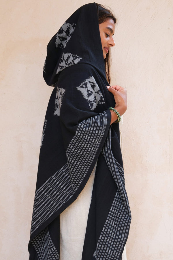 Mimpi Hooded Poncho Cape — Women's Black Diamond, close detail of the hand-dyed Ikat weave