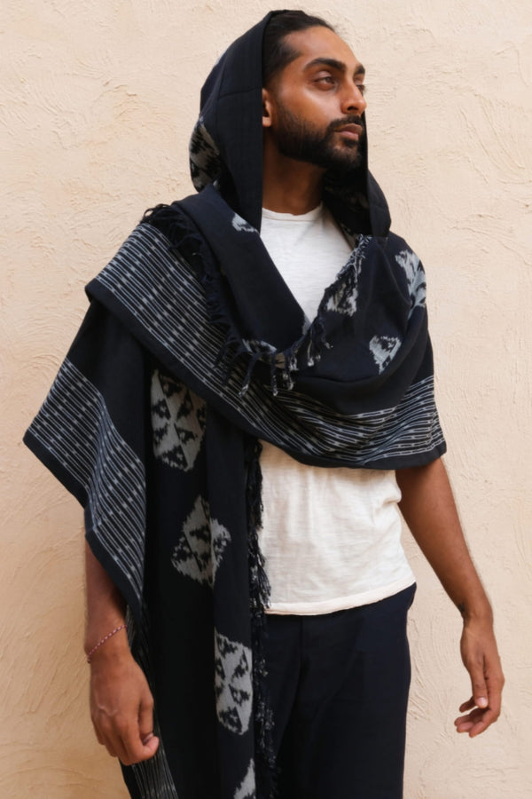 Mimpi Hooded Poncho Cape — Men's Black Diamond, handwoven Javanese Ikat, full-length styling