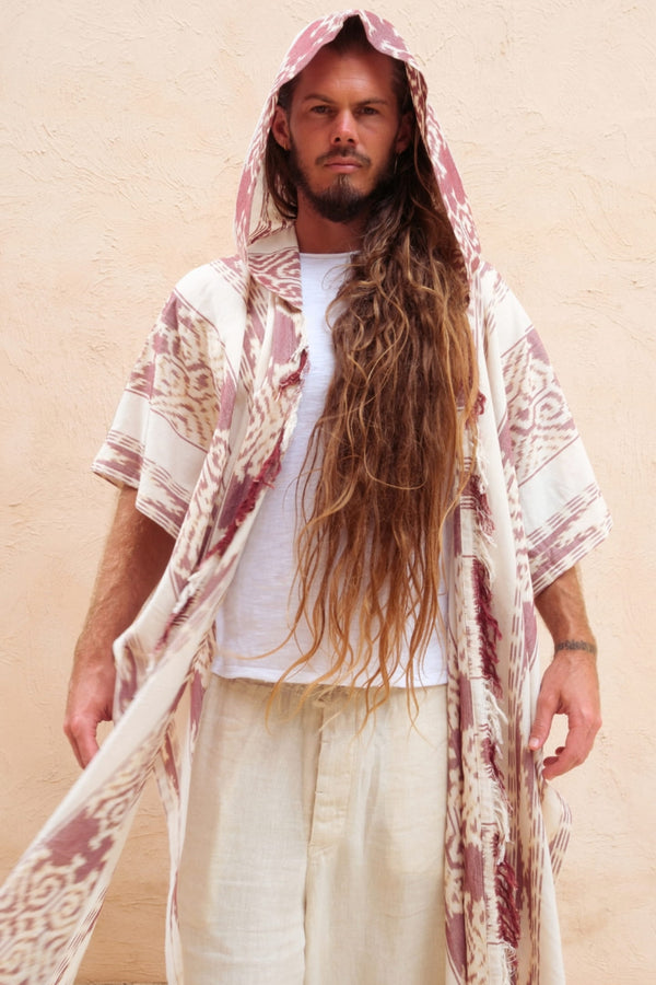 Mimpi Hooded Poncho Cape — Men's Burgundy White, handwoven Javanese Ikat, front view