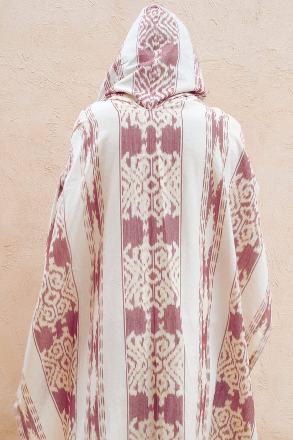 Mimpi Hooded Poncho Cape — Men's Burgundy White, handwoven Javanese Ikat, alternate view