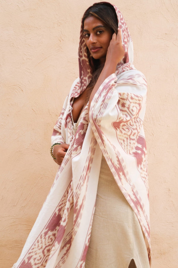 Mimpi Hooded Poncho Cape — Women's Burgundy White, handwoven Javanese Ikat, alternate view