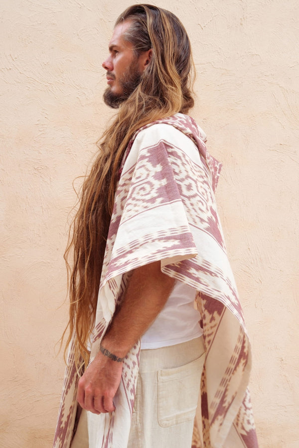 Mimpi Hooded Poncho Cape — Men's Burgundy White, close detail of the hand-dyed Ikat weave