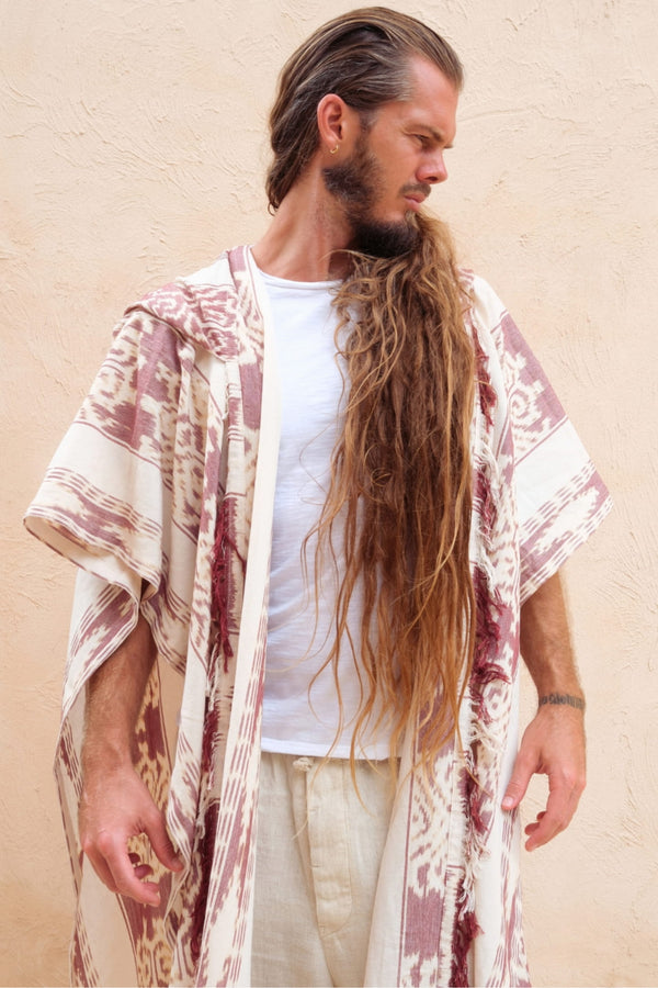Mimpi Hooded Poncho Cape — Men's Burgundy White, handwoven Javanese Ikat, full-length styling