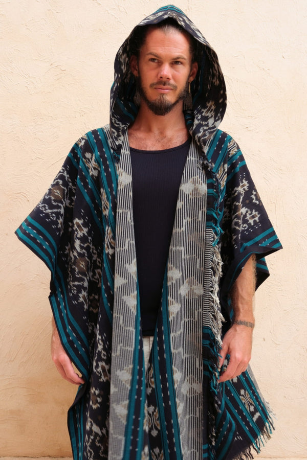 Mimpi Hooded Poncho Cape — Men's Grey Teal, handwoven Javanese Ikat, front view