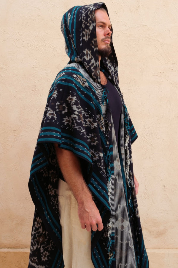 Mimpi Hooded Poncho Cape — Men's Grey Teal, close detail of the hand-dyed Ikat weave