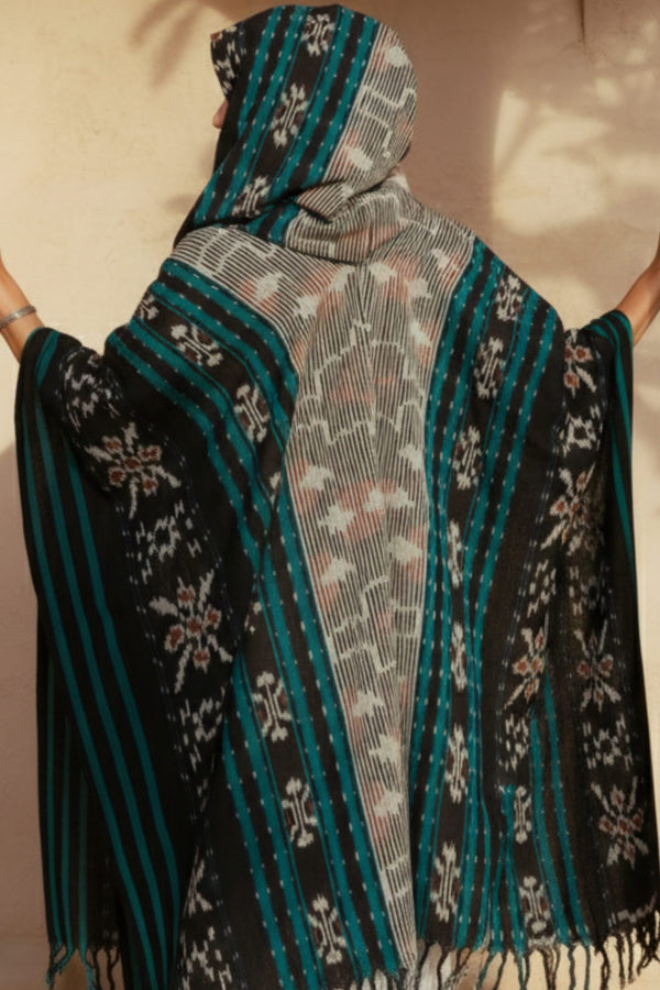 Mimpi Hooded Poncho Cape — Women's Grey Teal, handwoven Javanese Ikat, alternate view