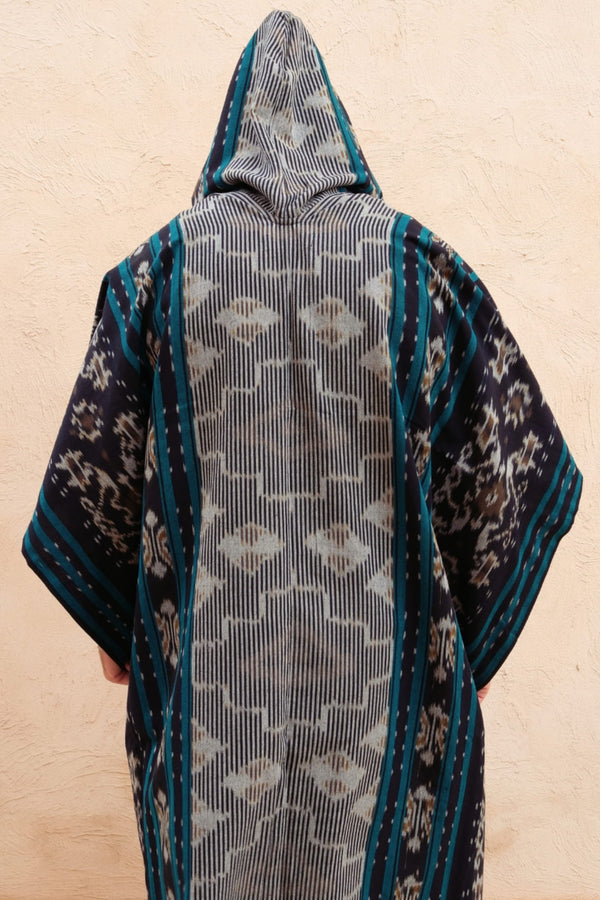 Mimpi Hooded Poncho Cape — Men's Grey Teal, handwoven Javanese Ikat, alternate view