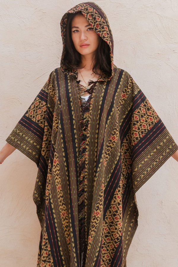 Mimpi Hooded Poncho Cape — Women's Jungle Gold, handwoven Javanese Ikat, front view