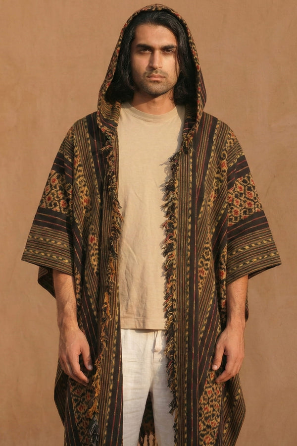 Mimpi Hooded Poncho Cape — Men's Jungle Gold, handwoven Javanese Ikat, front view