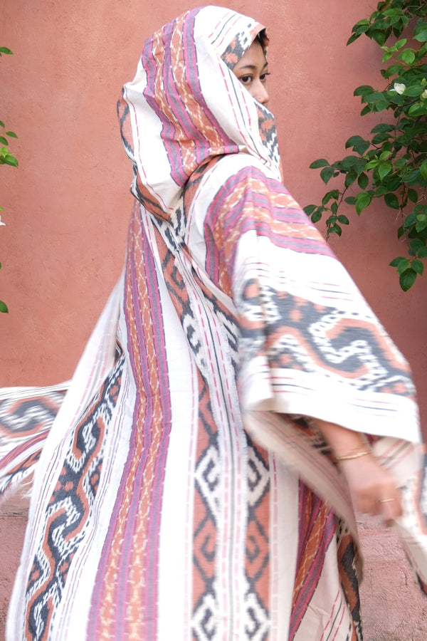 Mimpi Hooded Poncho Cape — Women's Pink Tribal, handwoven Javanese Ikat, alternate view