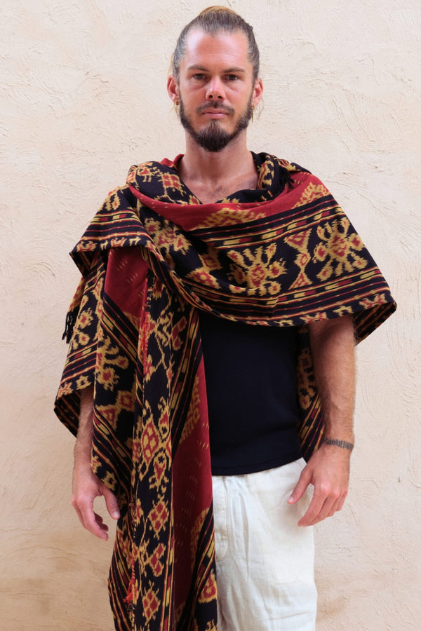 Mimpi Hooded Poncho Cape — Men's Red Gold, handwoven Javanese Ikat, full-length styling