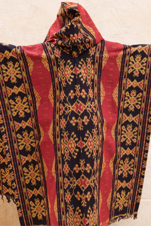 Mimpi Hooded Poncho Cape — Women's Red Gold, handwoven Javanese Ikat, alternate view