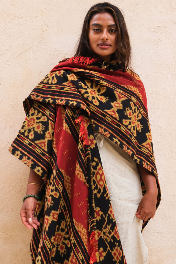 Mimpi Hooded Poncho Cape — Women's Red Gold, handwoven Javanese Ikat, full-length styling