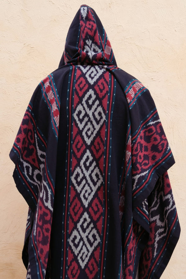 Mimpi Hooded Poncho Cape — Men's Red Teal, handwoven Javanese Ikat, alternate view