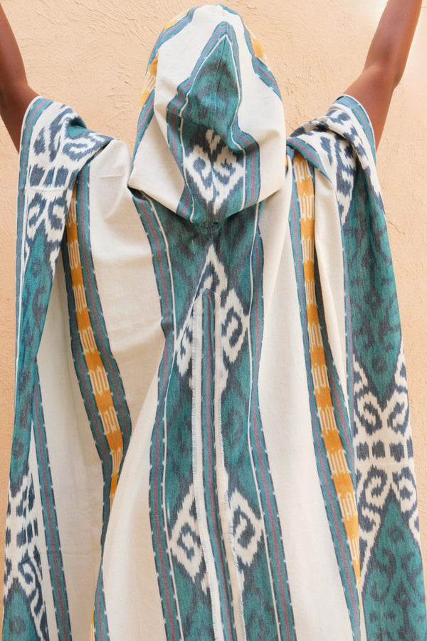 Mimpi Hooded Poncho Cape — Women's Teal Tribal, handwoven Javanese Ikat, alternate view