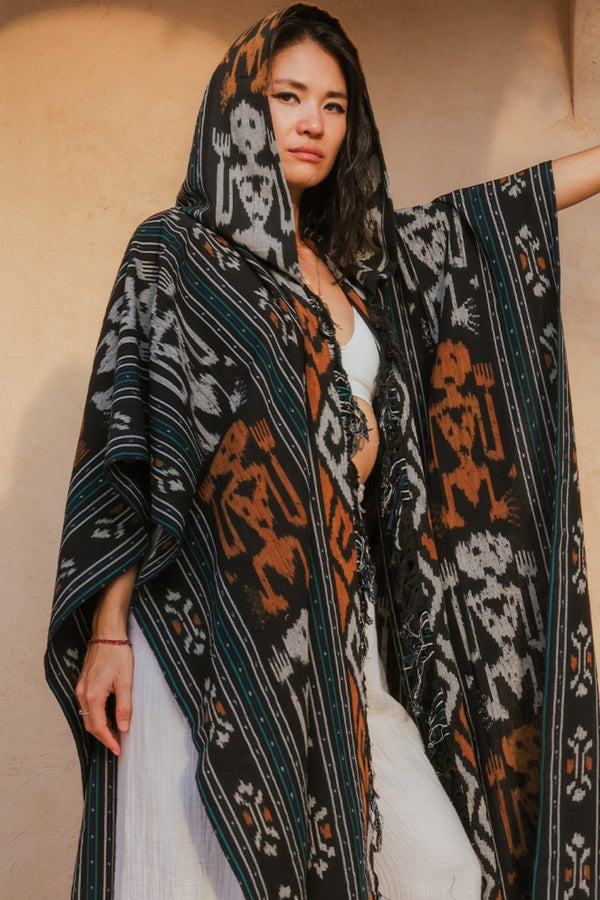 Mimpi Hooded Poncho Cape — Women's Tribal Man, handwoven Javanese Ikat, front view