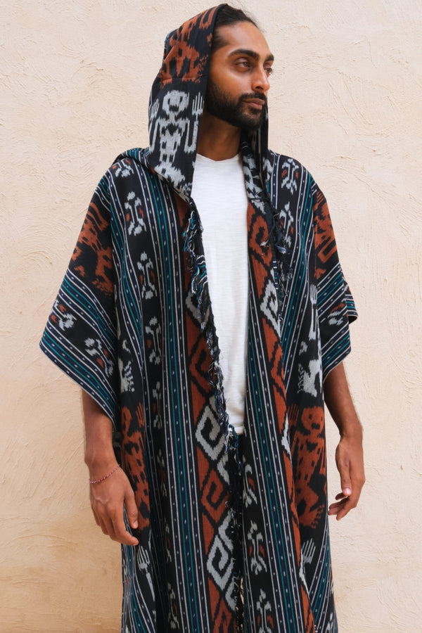 Mimpi Hooded Poncho Cape — Men's Tribal Man, handwoven Javanese Ikat, front view