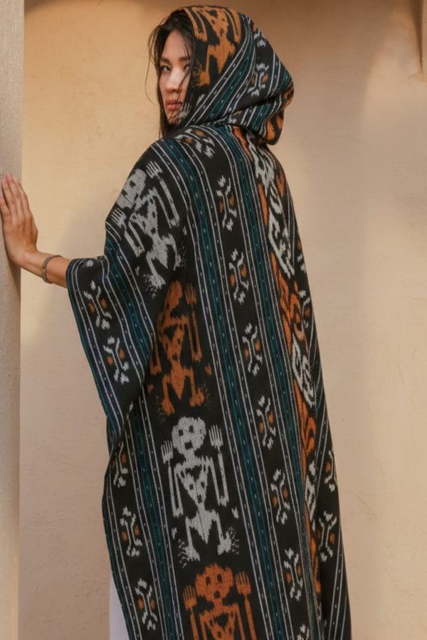 Mimpi Hooded Poncho Cape — Women's Tribal Man, handwoven Javanese Ikat, alternate view