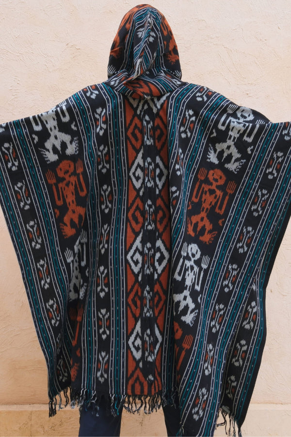Mimpi Hooded Poncho Cape — Men's Tribal Man, handwoven Javanese Ikat, alternate view
