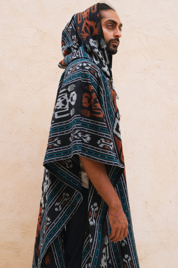 Mimpi Hooded Poncho Cape — Men's Tribal Man, close detail of the hand-dyed Ikat weave