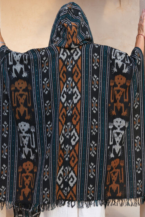 Mimpi Hooded Poncho Cape — Women's Tribal Man, close detail of the hand-dyed Ikat weave
