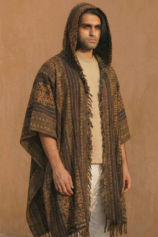 Mimpi Hooded Poncho Cape — Men's Jungle Gold, handwoven Javanese Ikat, alternate view