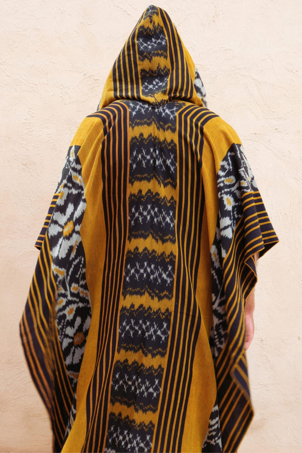 Mimpi Hooded Poncho Cape — Men's Yellow Flower, handwoven Javanese Ikat, alternate view