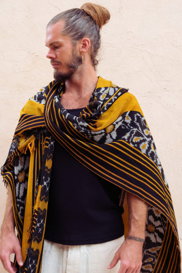 Mimpi Hooded Poncho Cape — Men's Yellow Flower, handwoven Javanese Ikat, full-length styling