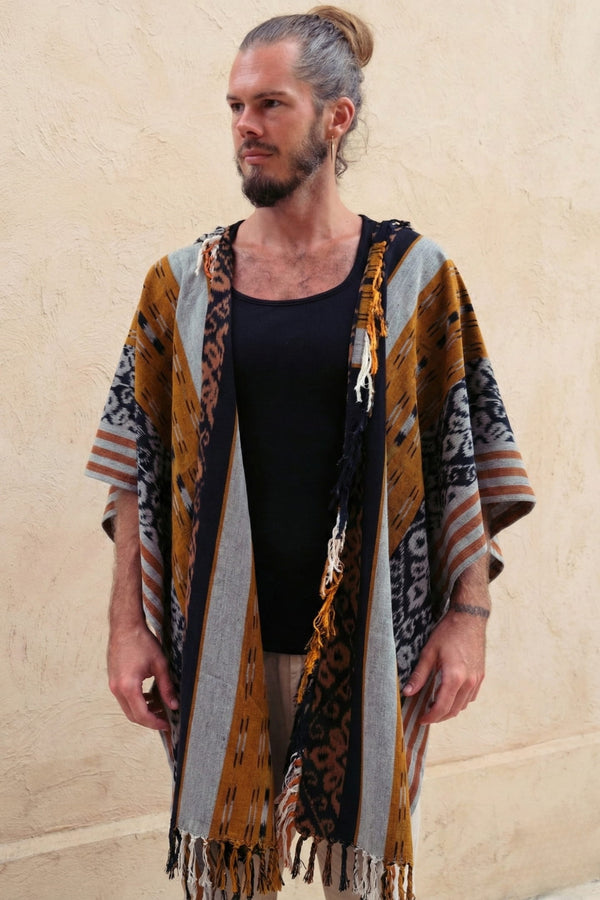 Mimpi Hooded Poncho Cape — Men's Yellow Tribal, handwoven Javanese Ikat, front view