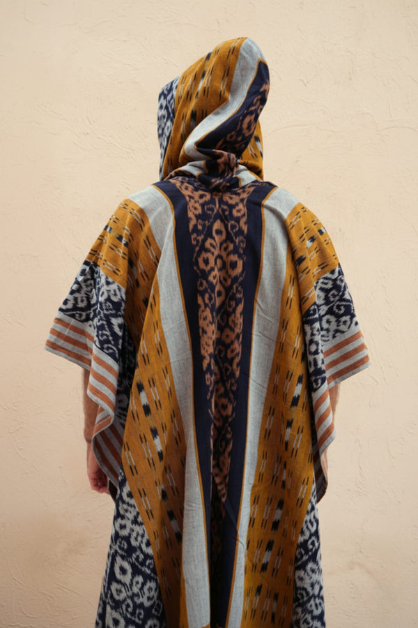 Mimpi Hooded Poncho Cape — Men's Yellow Tribal, handwoven Javanese Ikat, alternate view