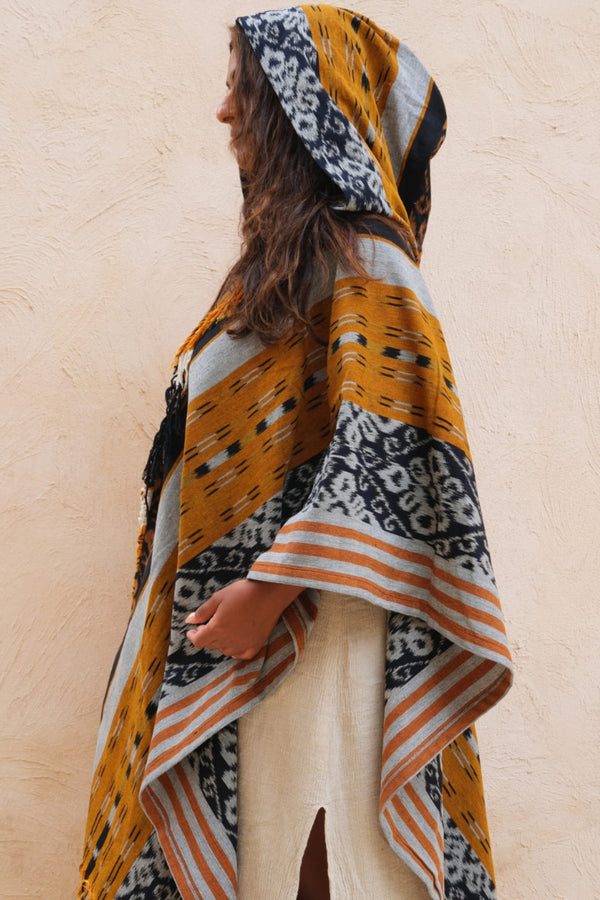 Mimpi Hooded Poncho Cape — Women's Yellow Tribal, handwoven Javanese Ikat, front view