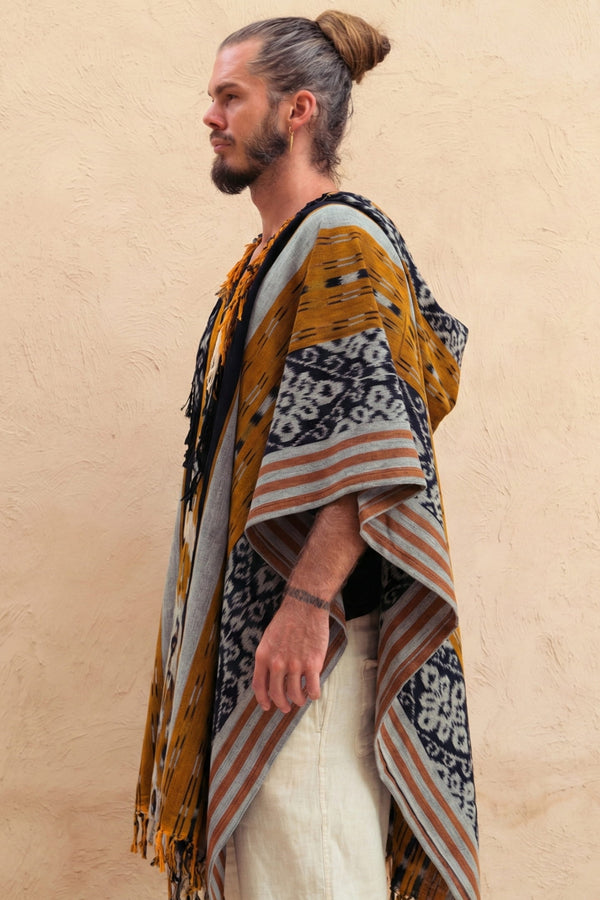 Mimpi Hooded Poncho Cape — Men's Yellow Tribal, close detail of the hand-dyed Ikat weave