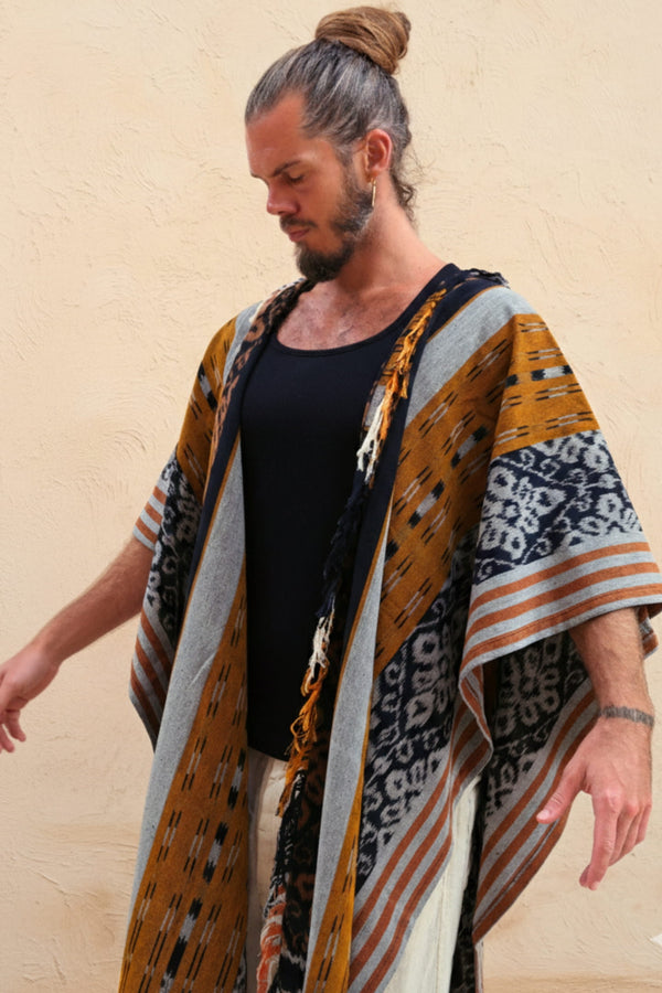 Mimpi Hooded Poncho Cape — Men's Yellow Tribal, handwoven Javanese Ikat, full-length styling