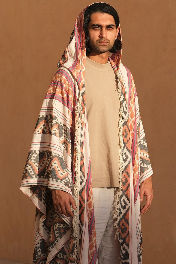 Mimpi Hooded Poncho Cape — Men's Pink Tribal, handwoven Javanese Ikat, front view