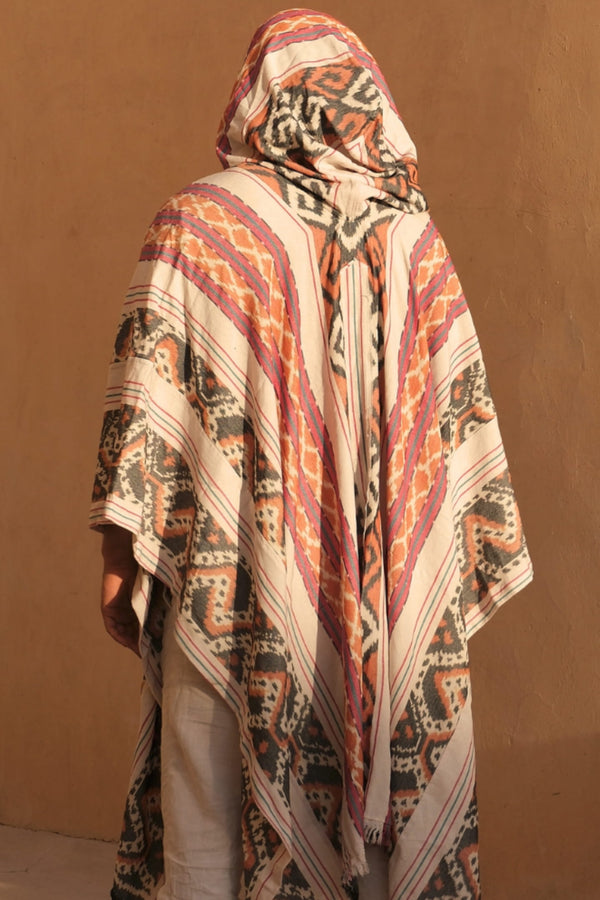 Mimpi Hooded Poncho Cape — Men's Pink Tribal, handwoven Javanese Ikat, alternate view