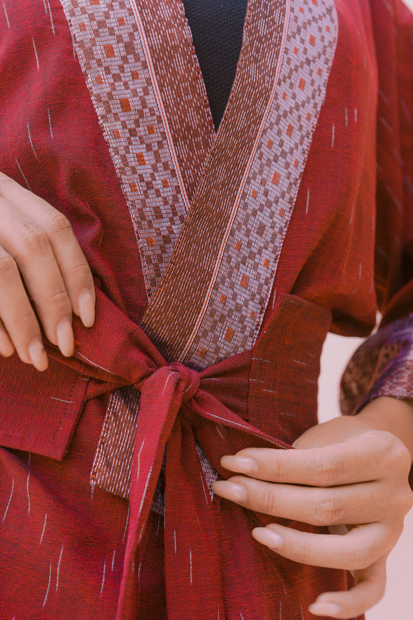 Gaya Kimono — Women's Deep Red, handwoven Javanese Ikat, full-length styling